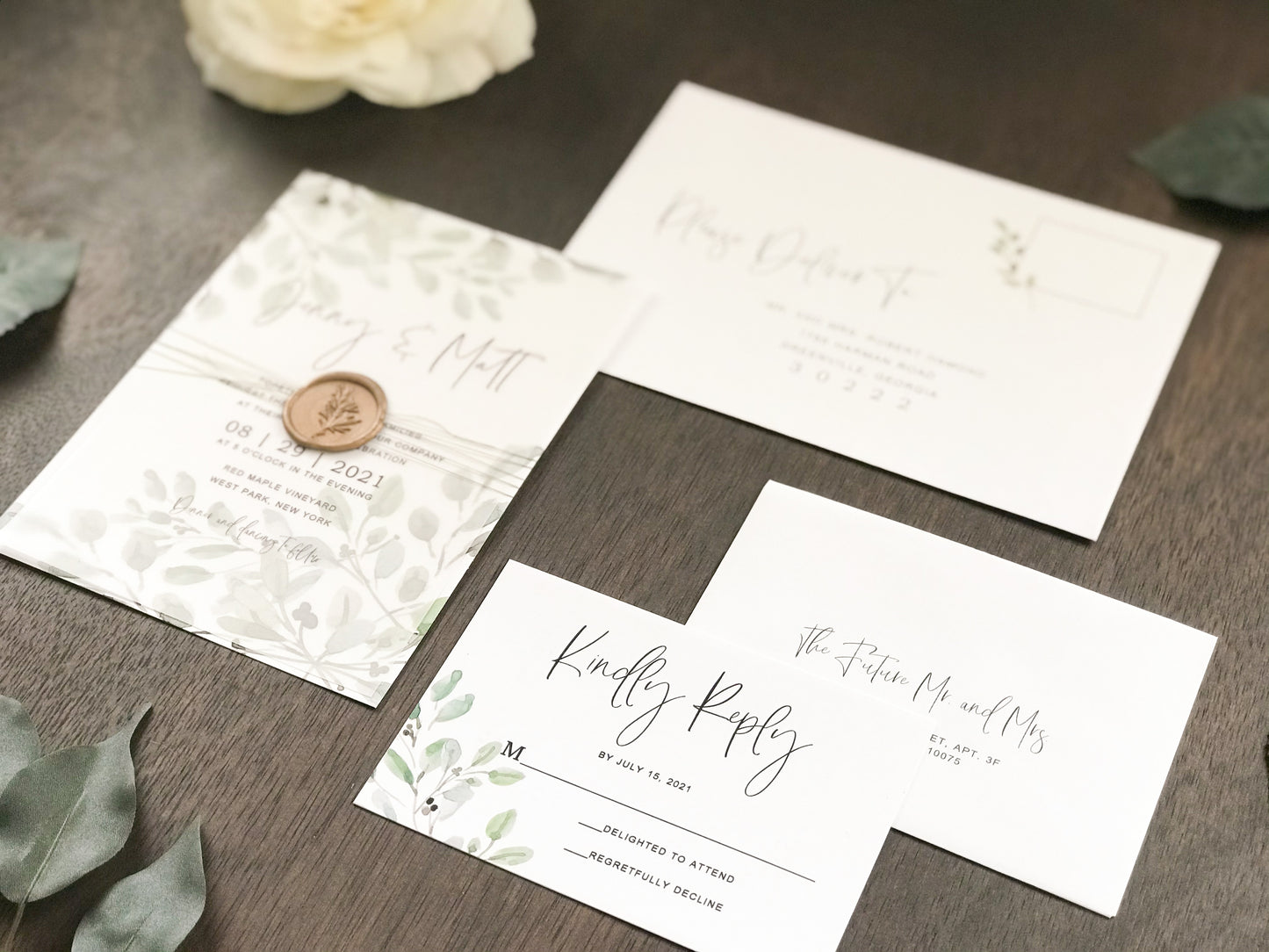 Greenery Vellum Wedding Invitation with Wax Seal wrap