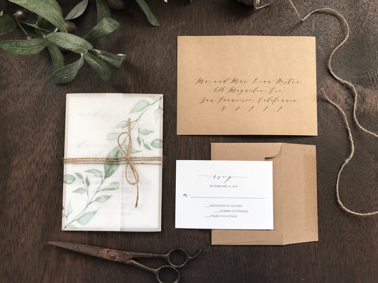 Vellum Wedding Invitation with Greenery and twine