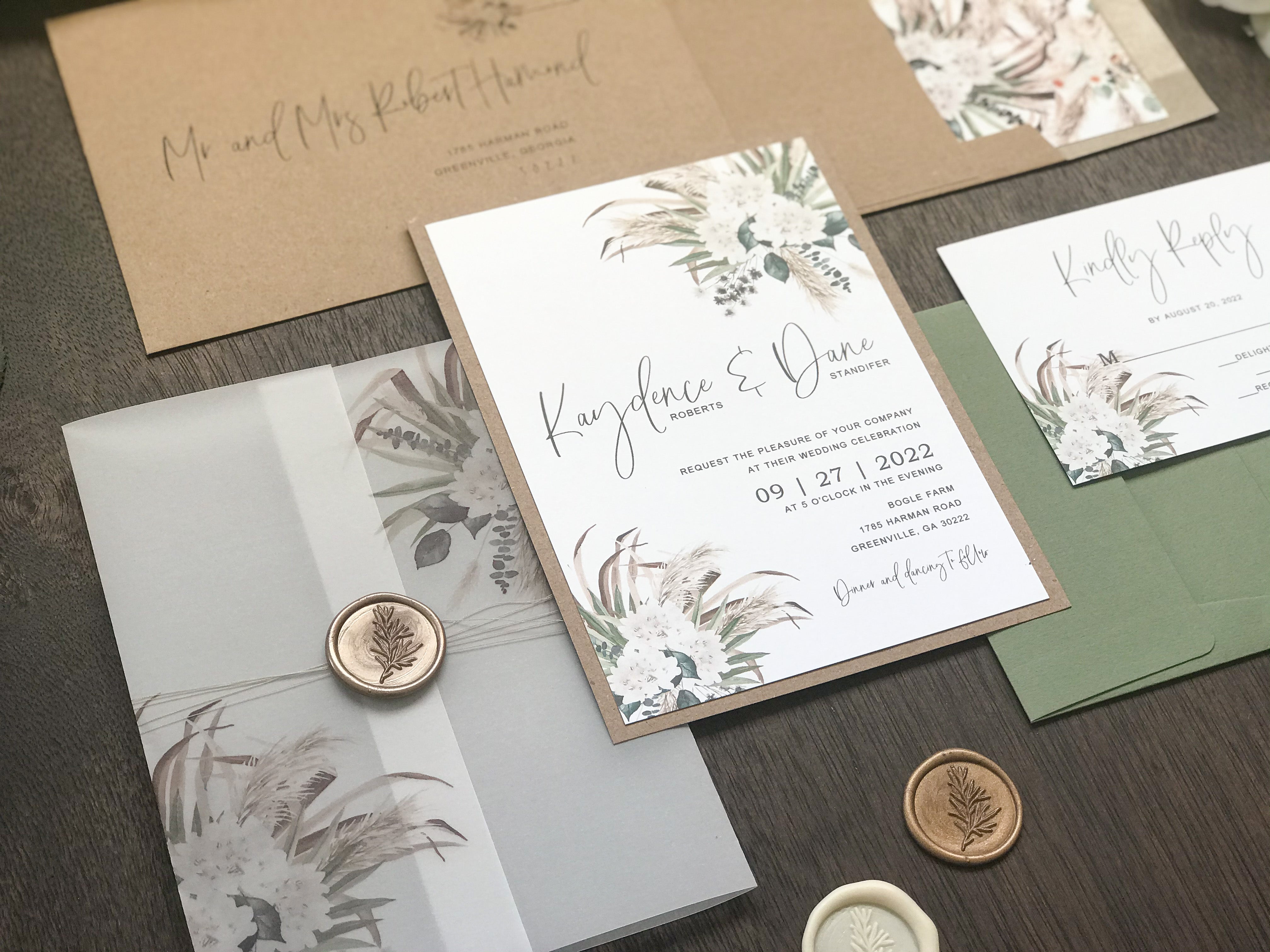 Boho Vellum Wedding Invitation with Wax Seal, White Flowers, Pampas Grass and Greenery