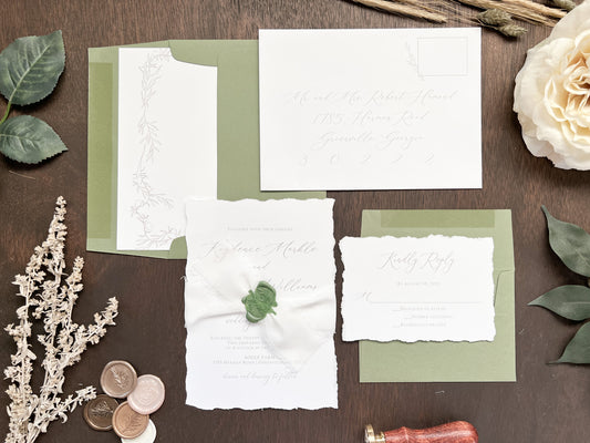 Classic Formal Elegant Wedding Invitation with Deckled Edging, White Chiffon Ribbon & Green Wax Seal