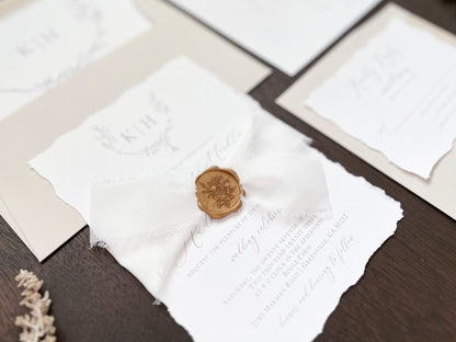 Modern Elegant Wedding Invitation with Deckled Edging, White Chiffon Ribbon & Antique Gold Botanical Wax Seal with Laurel Wreath & Monogram