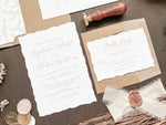 Vintage Formal Elegant Wedding Invitation with Deckled Edging, Light Nude Chiffon Ribbon & Copper Wax Seal