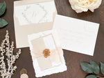 Modern Elegant Wedding Invitation with Deckled Edging, Light Nude Chiffon Ribbon & Antique Gold Botanical Wax Seal with Laurel Wreath & Monogram