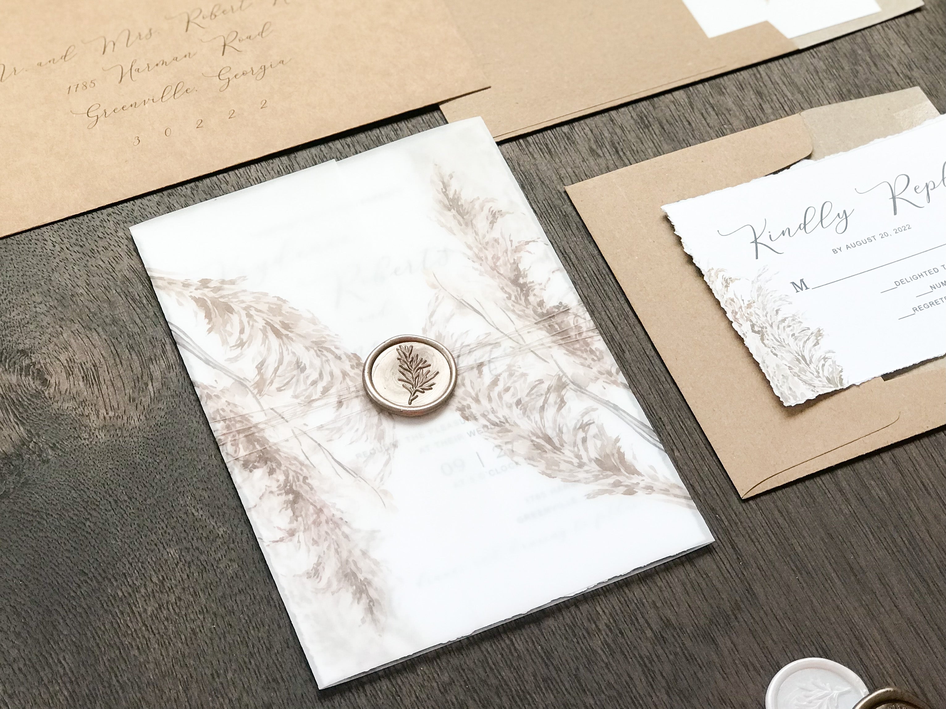 Deckled Edge Boho Vellum Wedding Invitation with Wax Seal and Pampas Grass