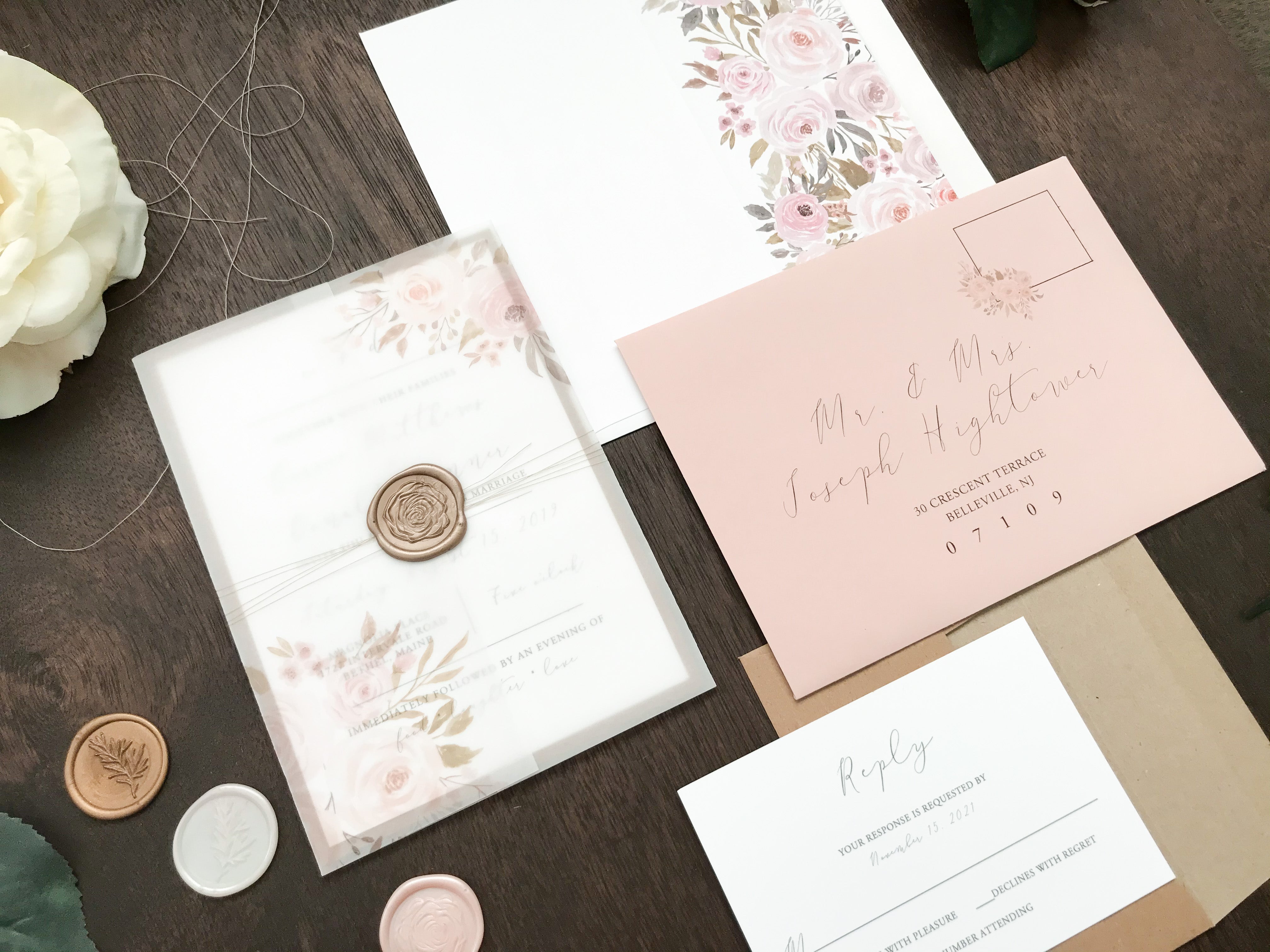 Muted Blush Pink and Neutral Floral Wedding Invitation with Vellum and Wax Seal