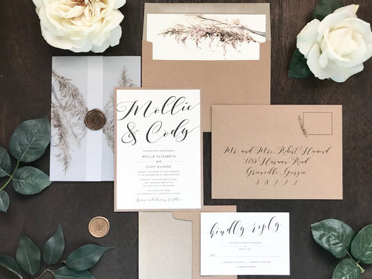 Pampas Grass Vellum Wedding Invitation with Wax Seal