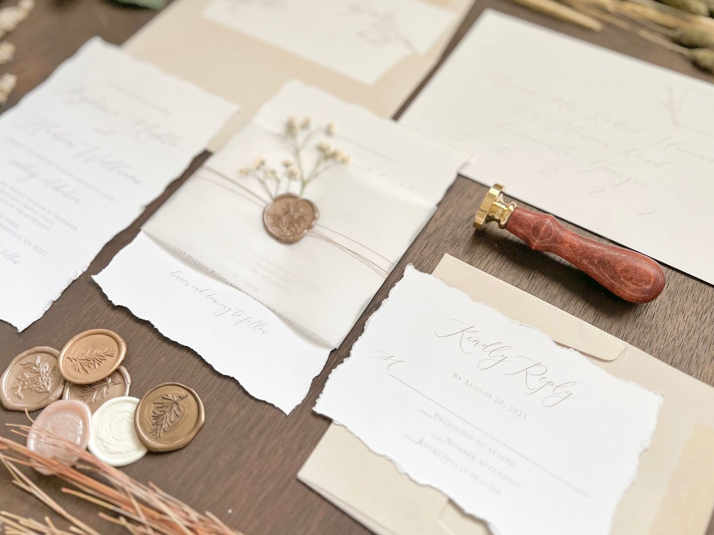 Elegant Wedding Invitation with Deckled Edging, Vellum Belly Band, Dried Baby’s Breath and Wax Seal