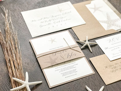 Rustic Beach Wedding Invitation with Personalized Kraft Bellyband and White Cord
