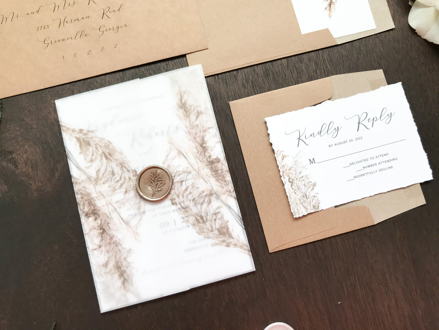 Deckled Edge Boho Vellum Wedding Invitation with Wax Seal and Pampas Grass