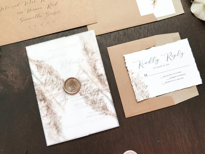 Deckled Edge Boho Vellum Wedding Invitation with Wax Seal and Pampas Grass