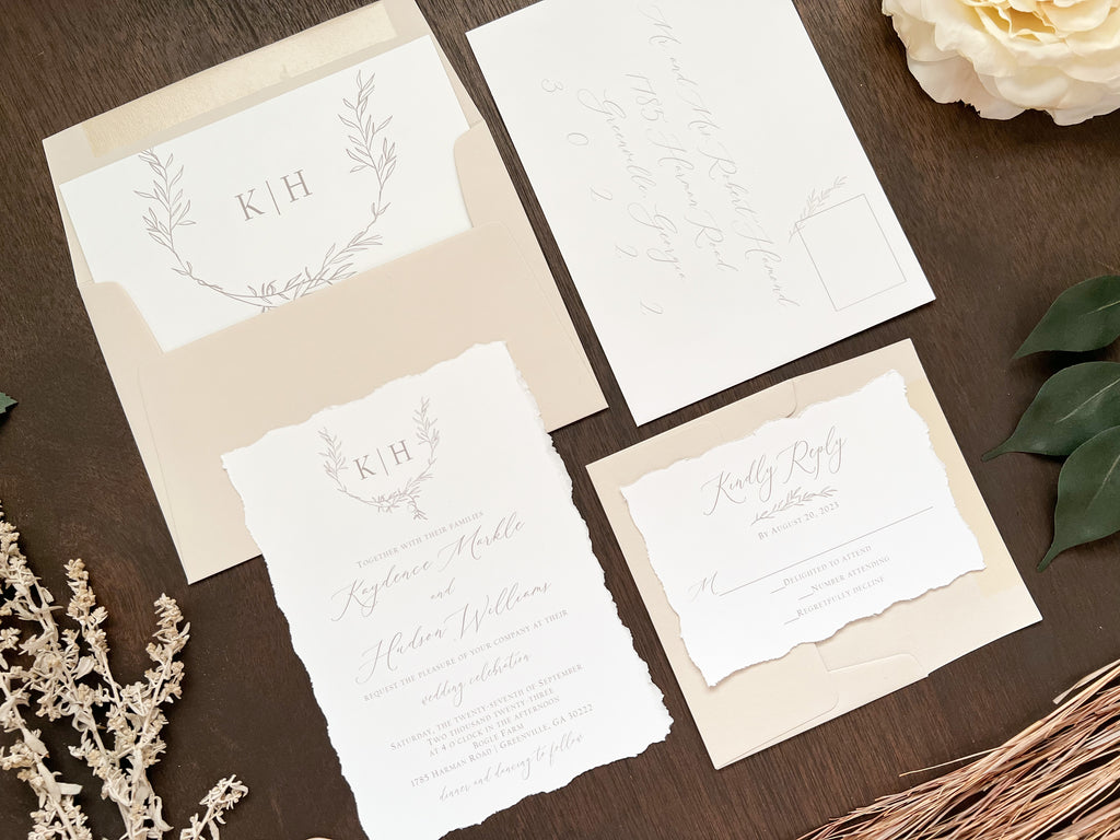 Deckled Edge Wedding Invitation with Laurel Wreath Line Art Greenery and Monogram