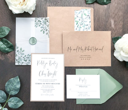 Greenery Wax Seal Vellum Wedding Invitation