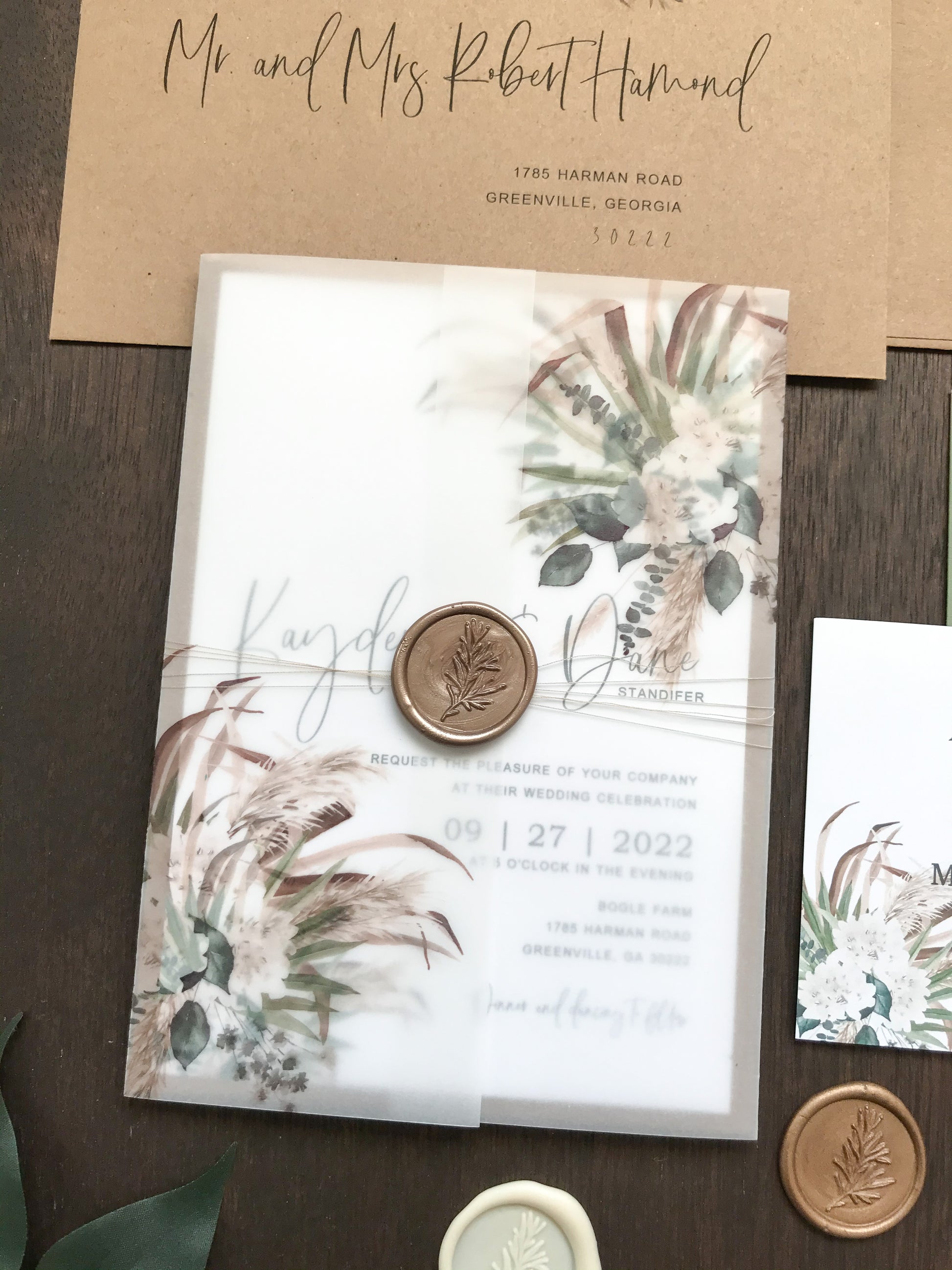Boho Vellum Wedding Invitation with Wax Seal, White Flowers, Pampas Grass and Greenery