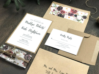 Marsala Burgundy Floral Wedding Invitation with vellum belly band and twine