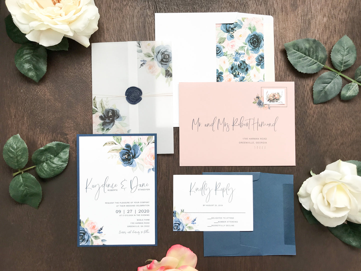 Blush Pink and Navy Blue Wedding Invitation with Vellum and Wax Seal