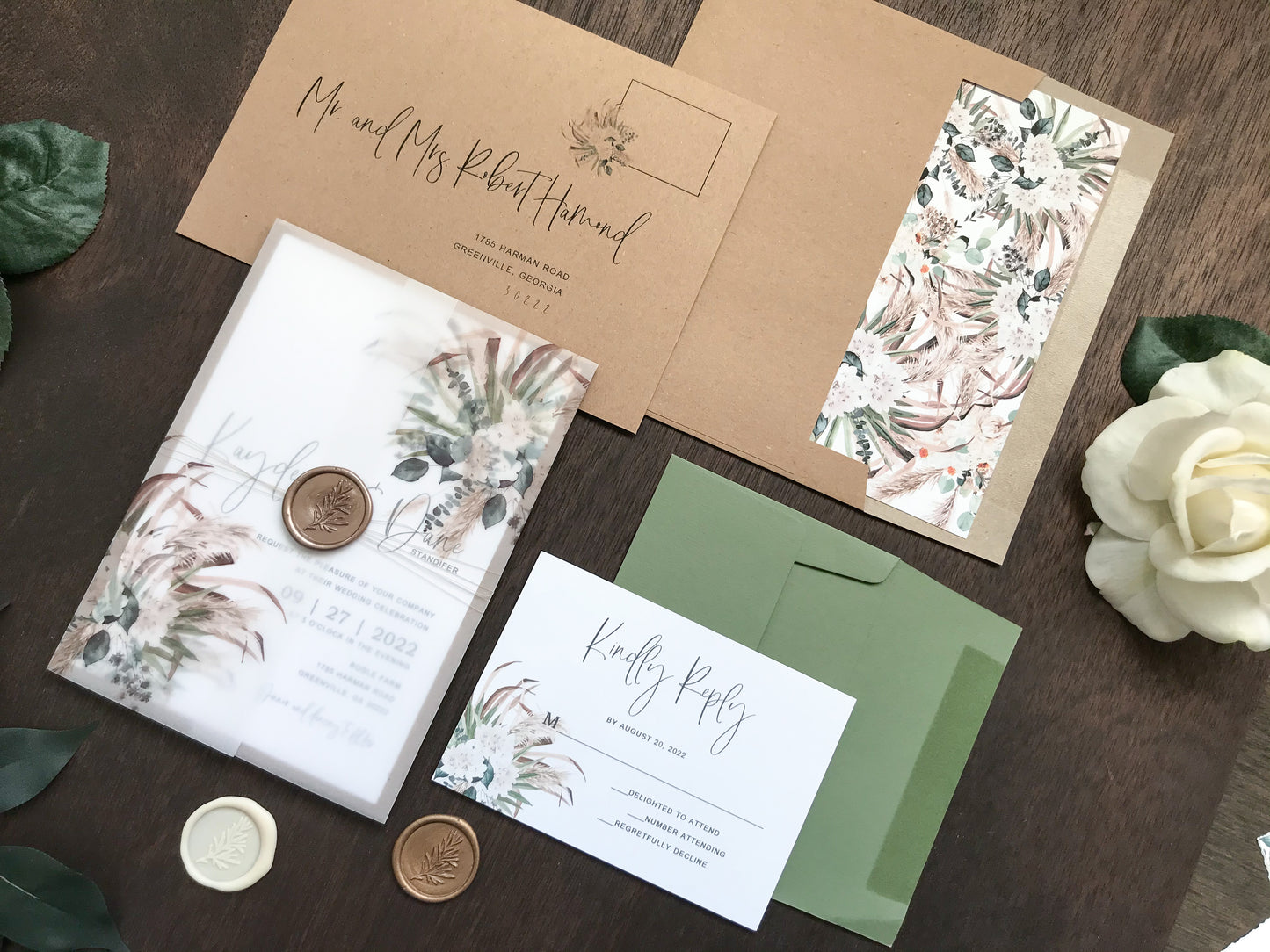 Boho Vellum Wedding Invitation with Wax Seal, White Flowers, Pampas Grass and Greenery
