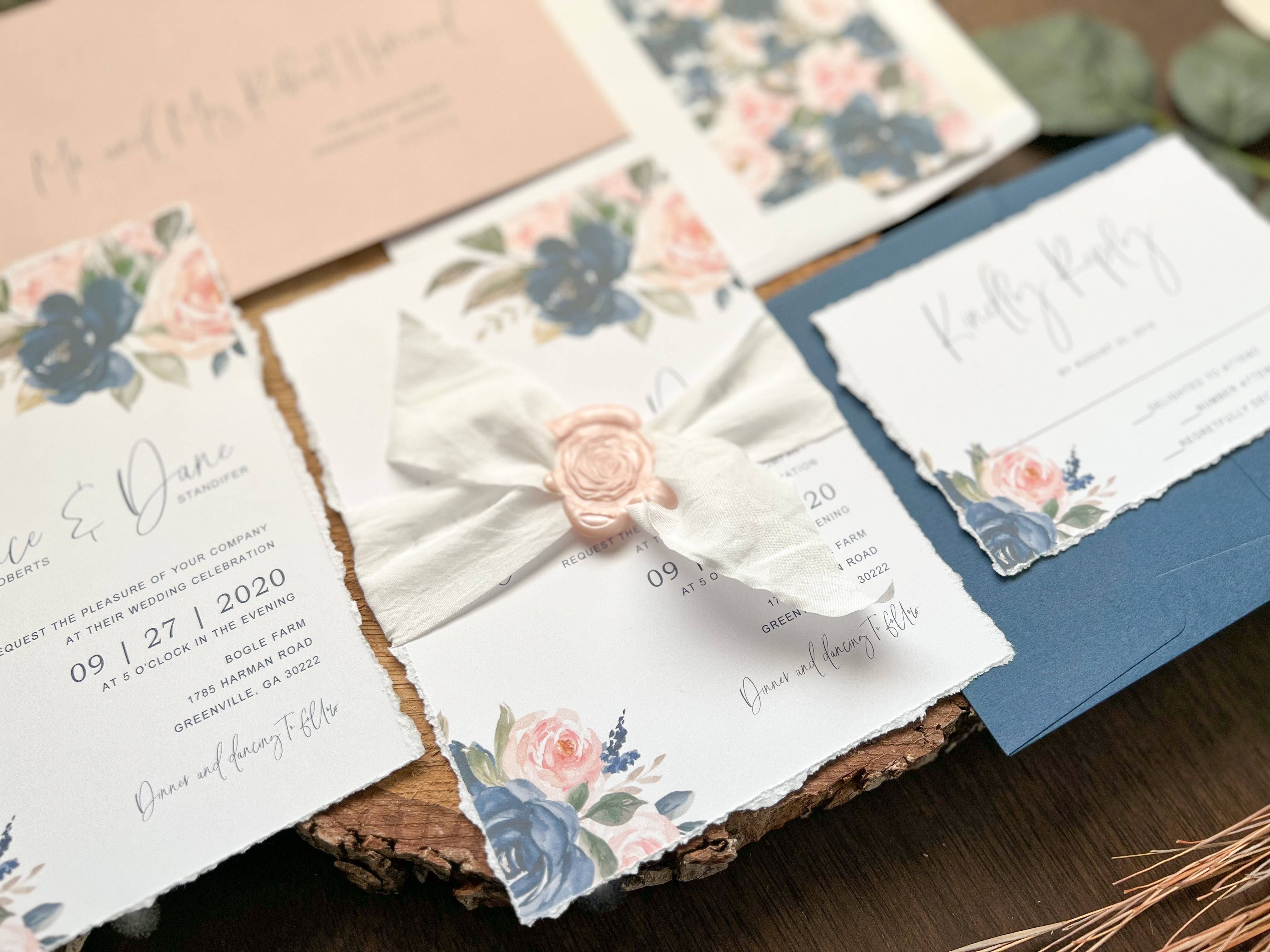 Navy Blue and Blush Pink Wedding Invitation with Deckled Edge, White Ribbon, Wax Seal and Greenery