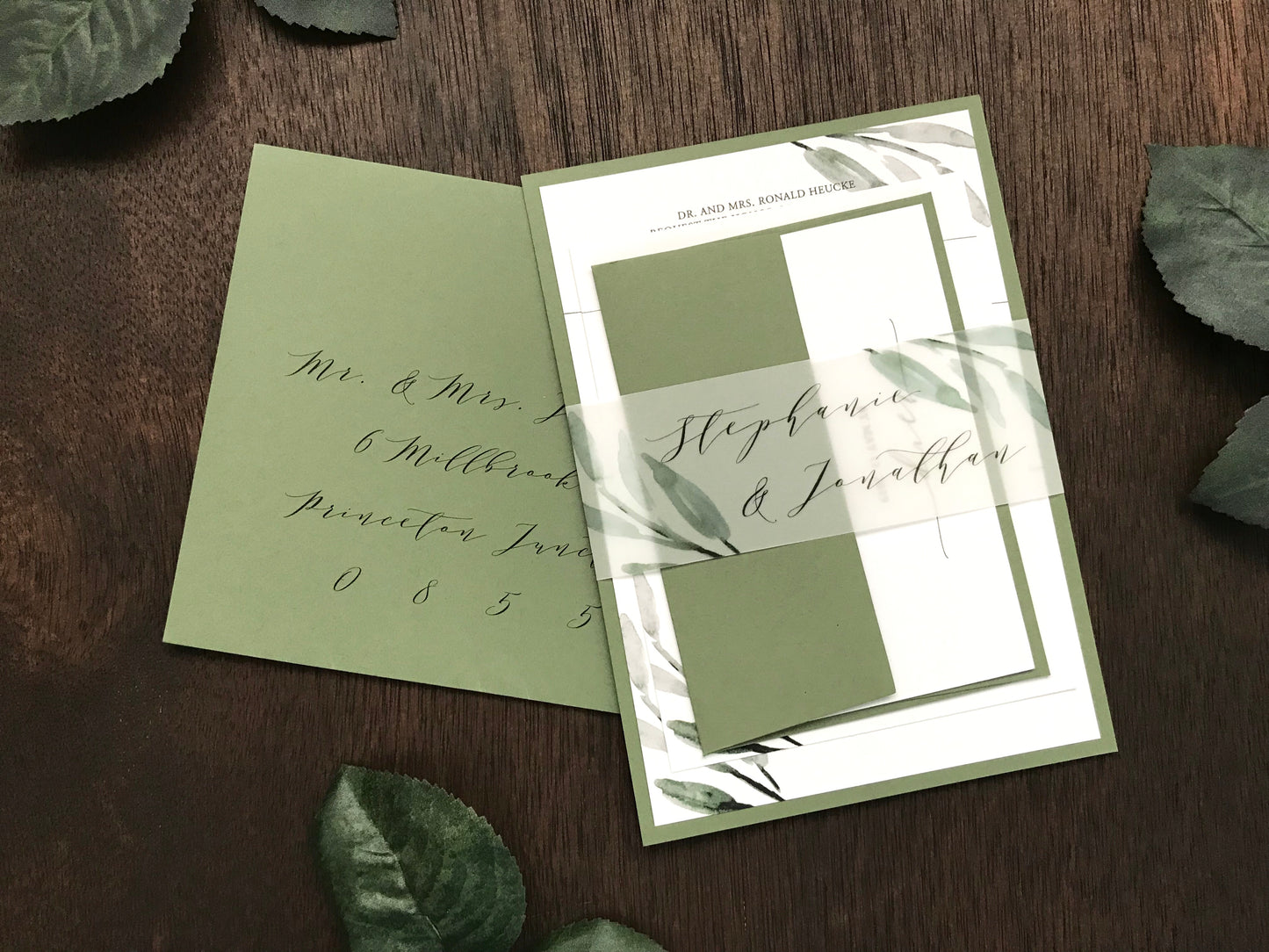 Greenery Wedding Invitation with Vellum belly band