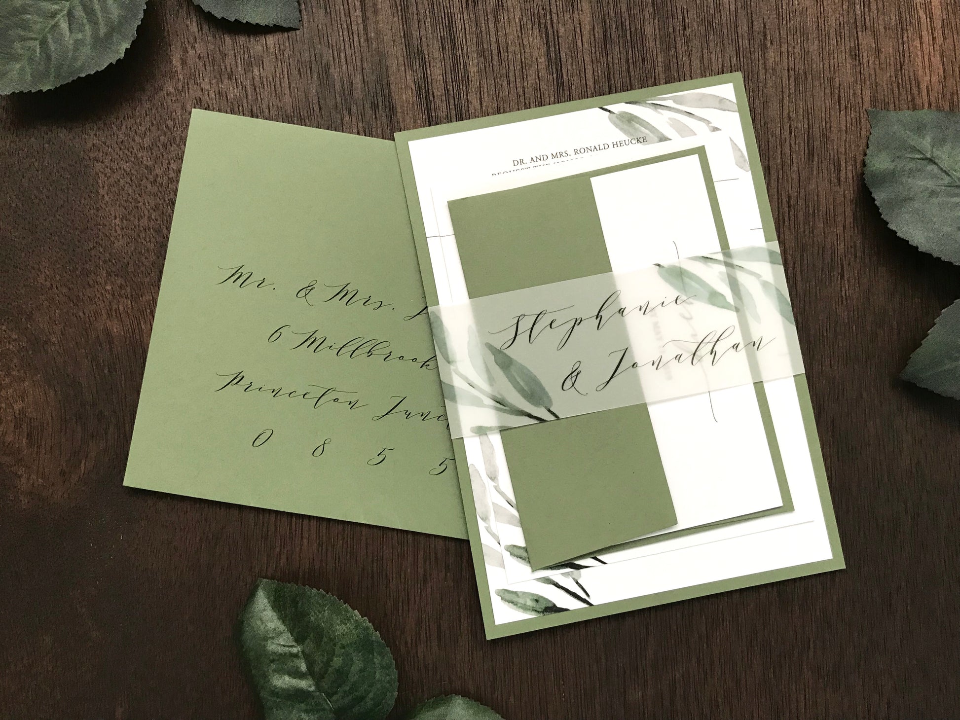 Greenery Wedding Invitation with Vellum belly band