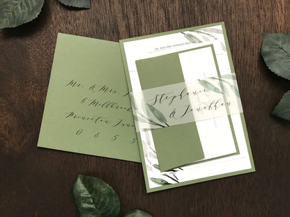 Greenery Wedding Invitation with Vellum belly band
