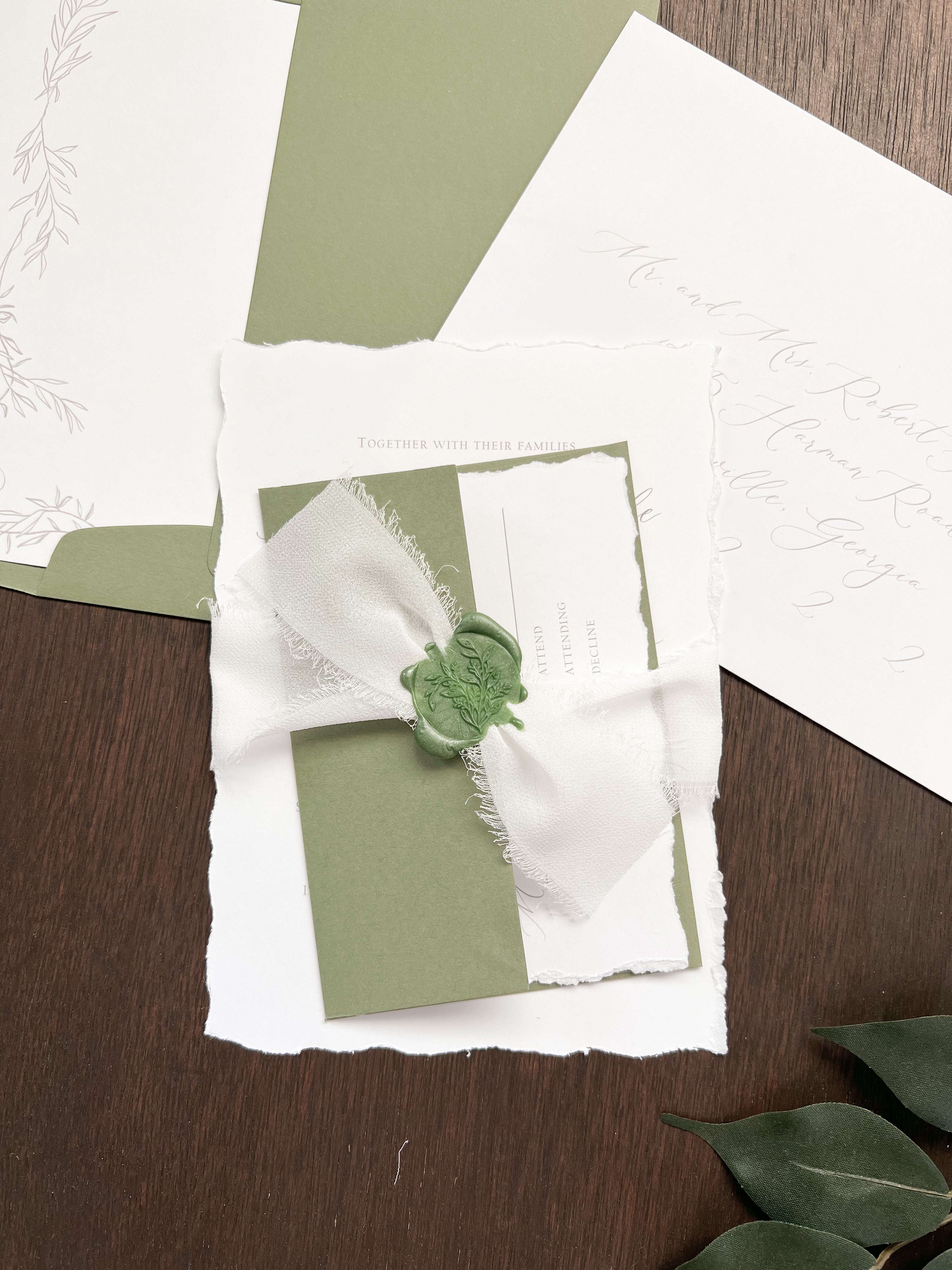 Classic Formal Elegant Wedding Invitation with Deckled Edging, White Chiffon Ribbon & Green Wax Seal