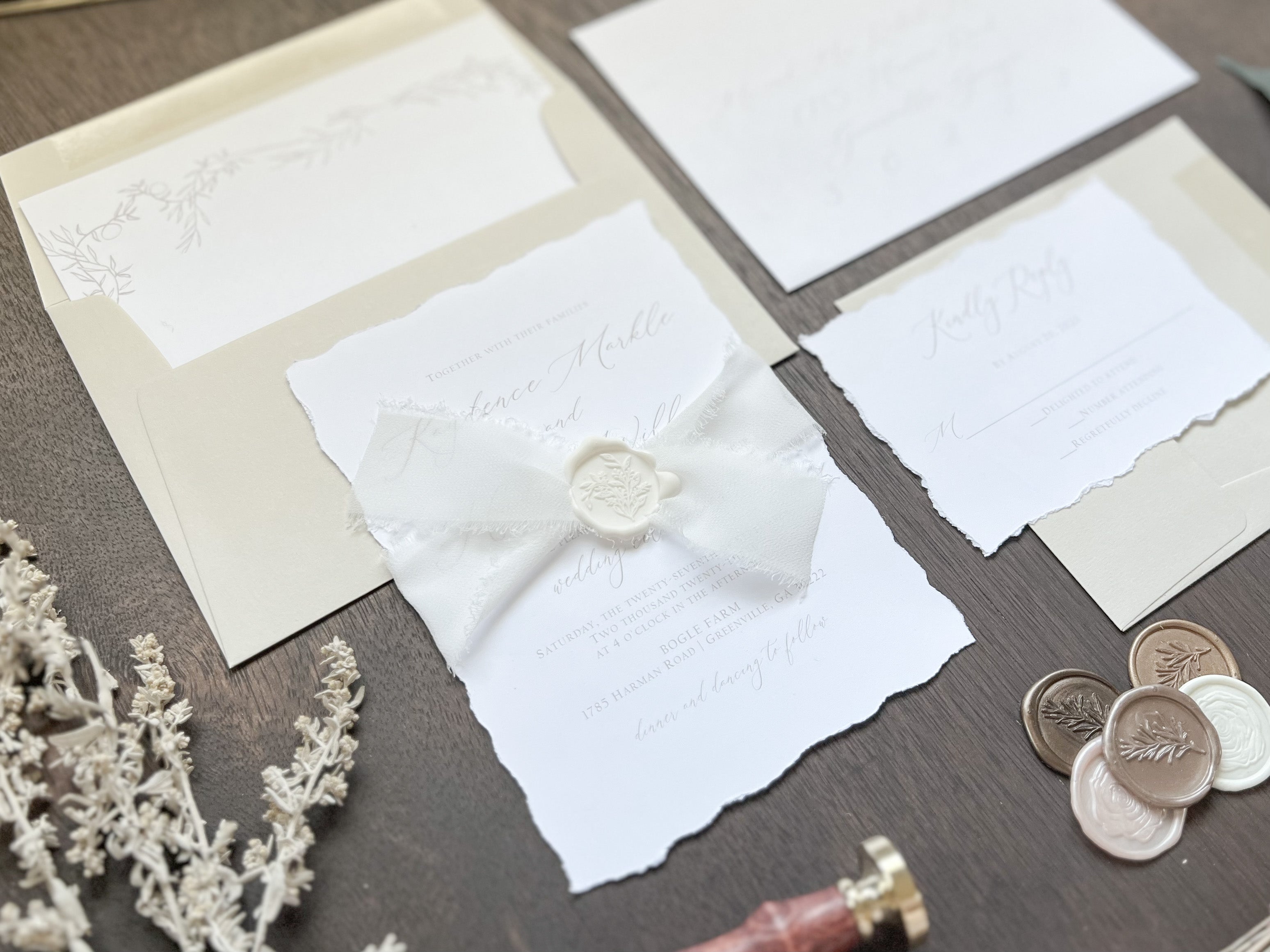 Classic Elegant Wedding Invitation with Deckled Edging, White Chiffon Ribbon & White Botanical Wax Seal