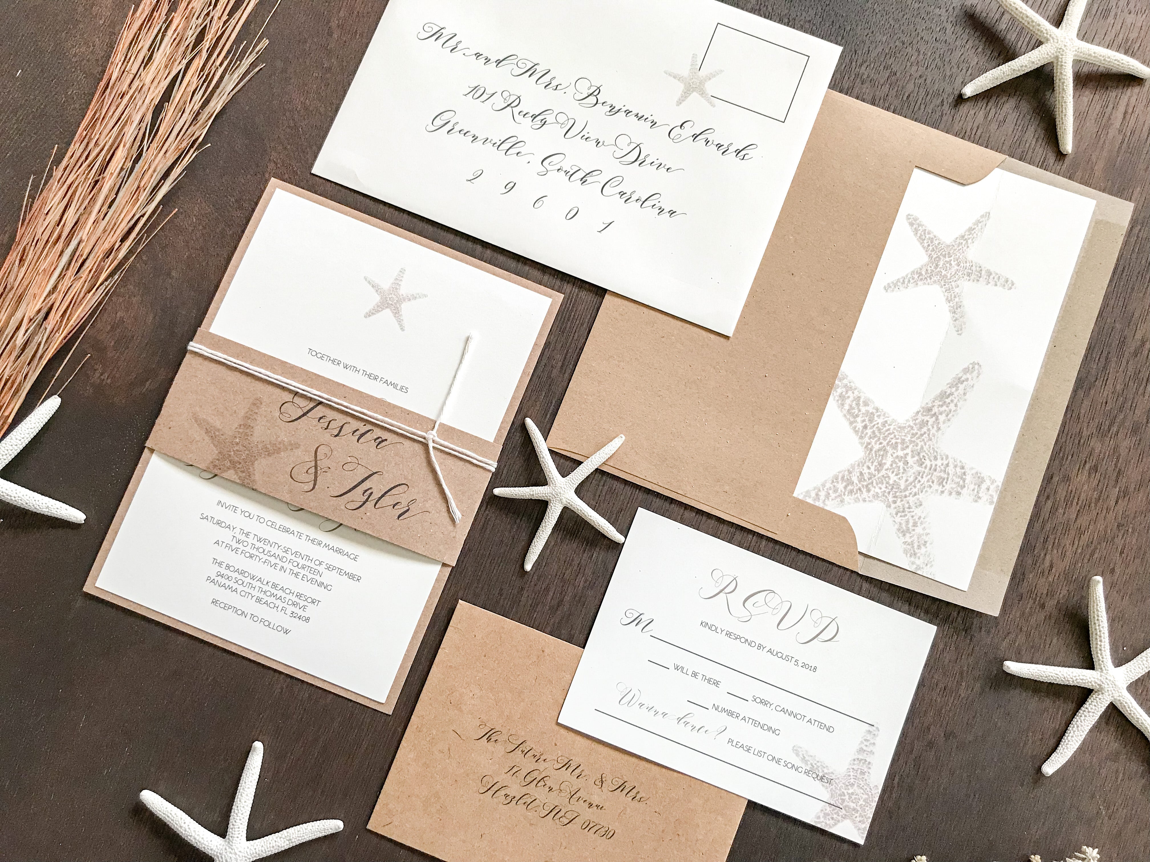 Rustic Beach Wedding Invitation with Personalized Kraft Bellyband and White Cord