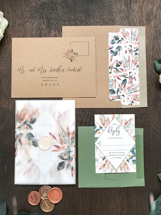 Boho Vellum Wedding Invitation with Wax Seal, Pampas Grass and Copper Foliage