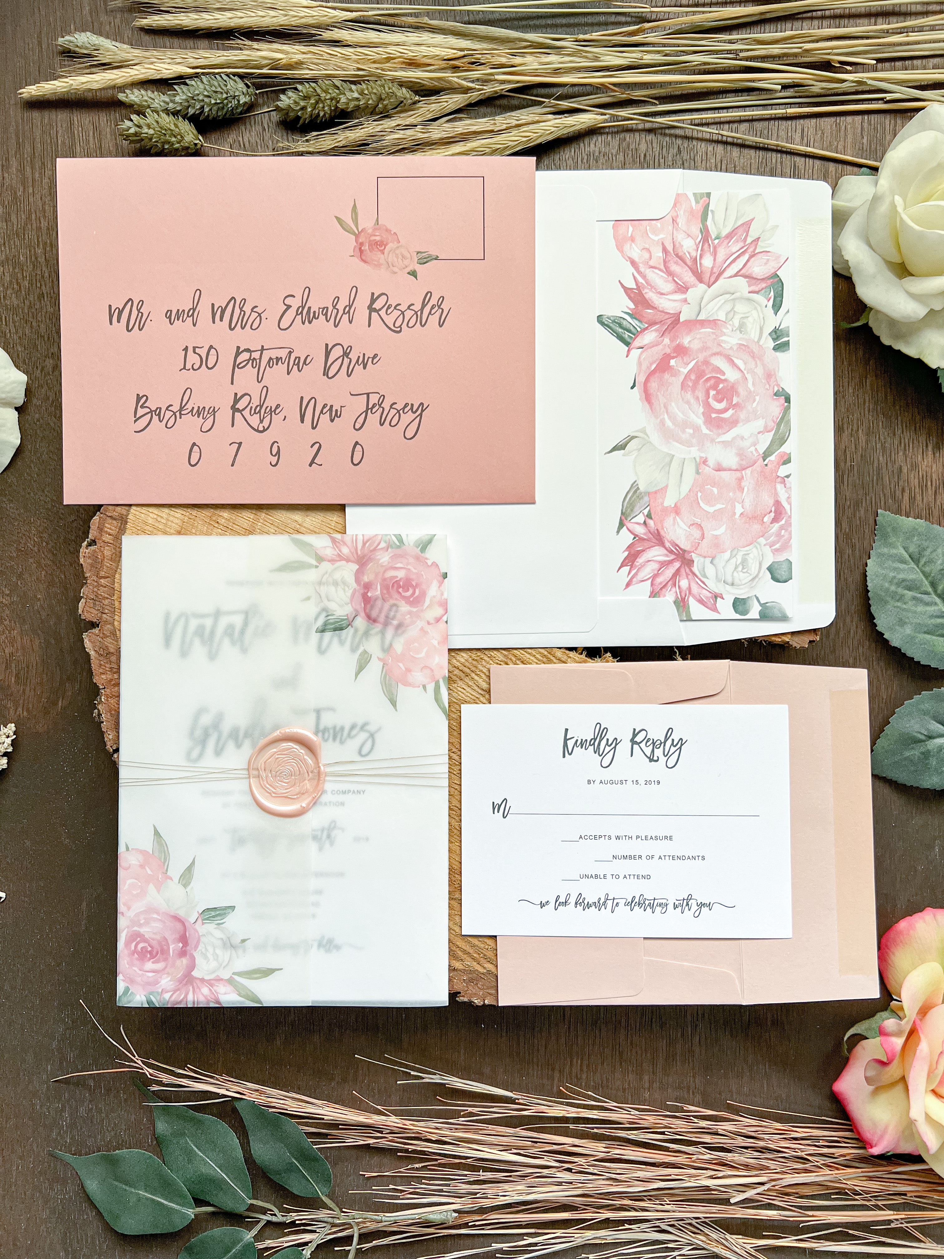 Dusty Rose Wedding Invitation with Vellum and Wax Seal