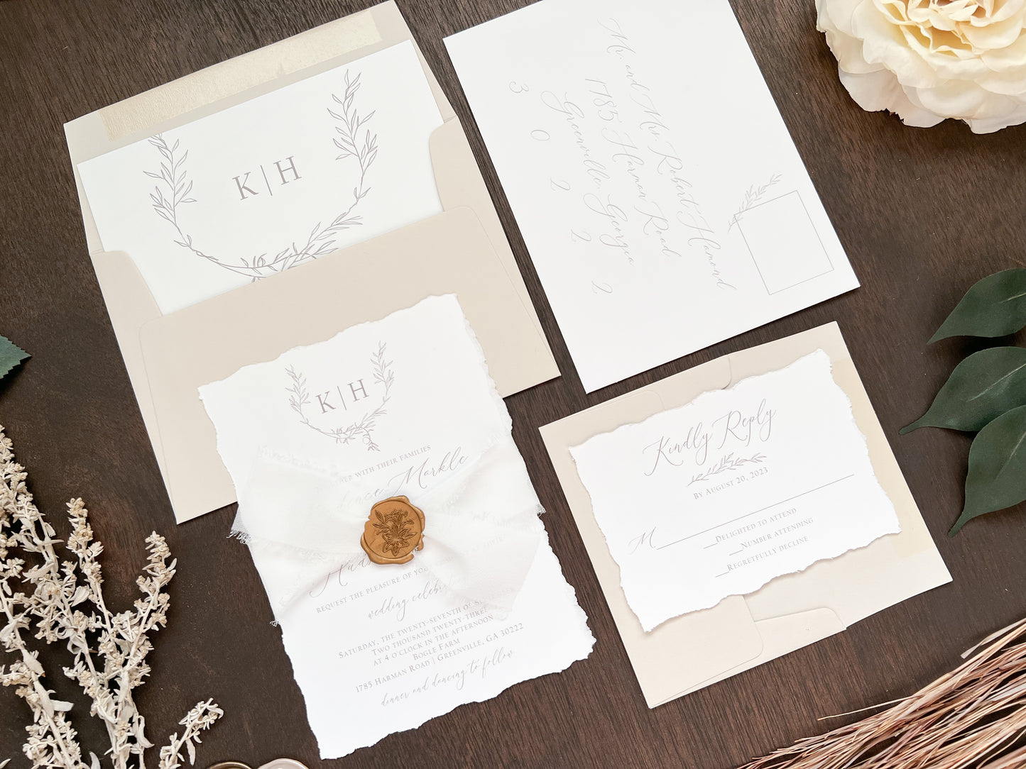 Modern Elegant Wedding Invitation with Deckled Edging, White Chiffon Ribbon & Antique Gold Botanical Wax Seal with Laurel Wreath & Monogram