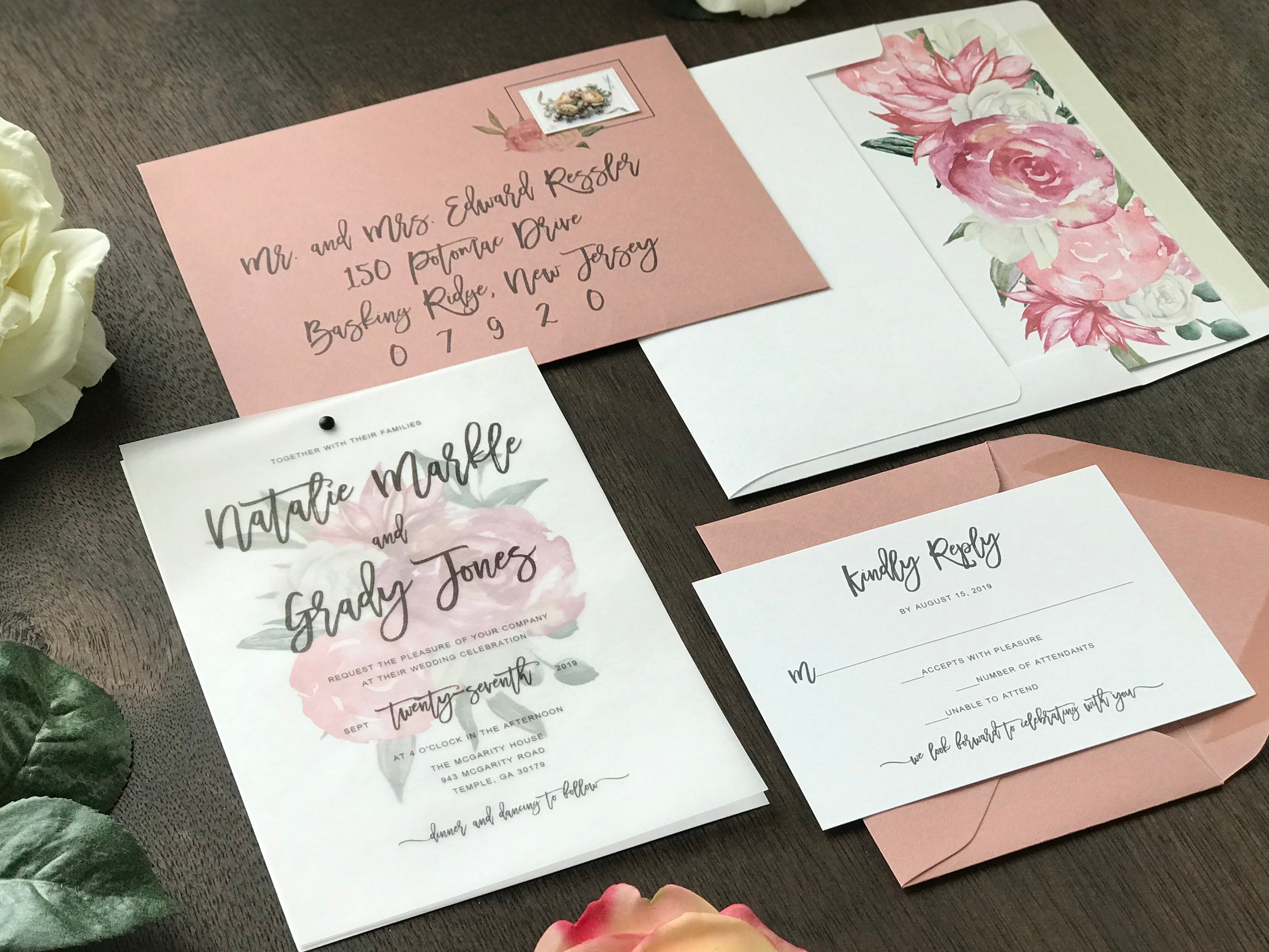 Dusty Rose Wedding Invitation with Vellum Cover