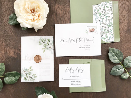 Greenery Wax Seal Vellum Wedding Invitation