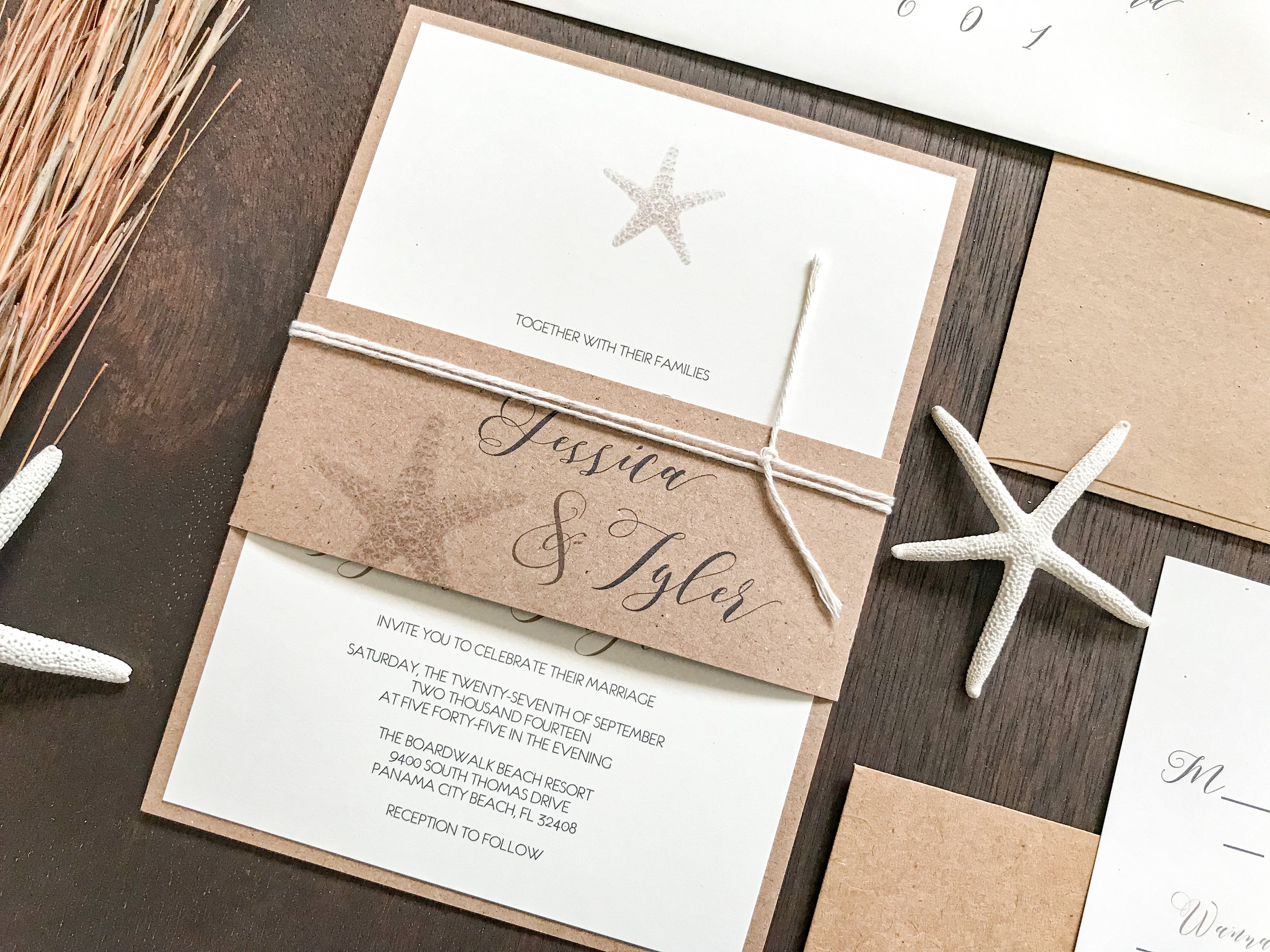 Rustic Beach Wedding Invitation with Personalized Kraft Bellyband and White Cord
