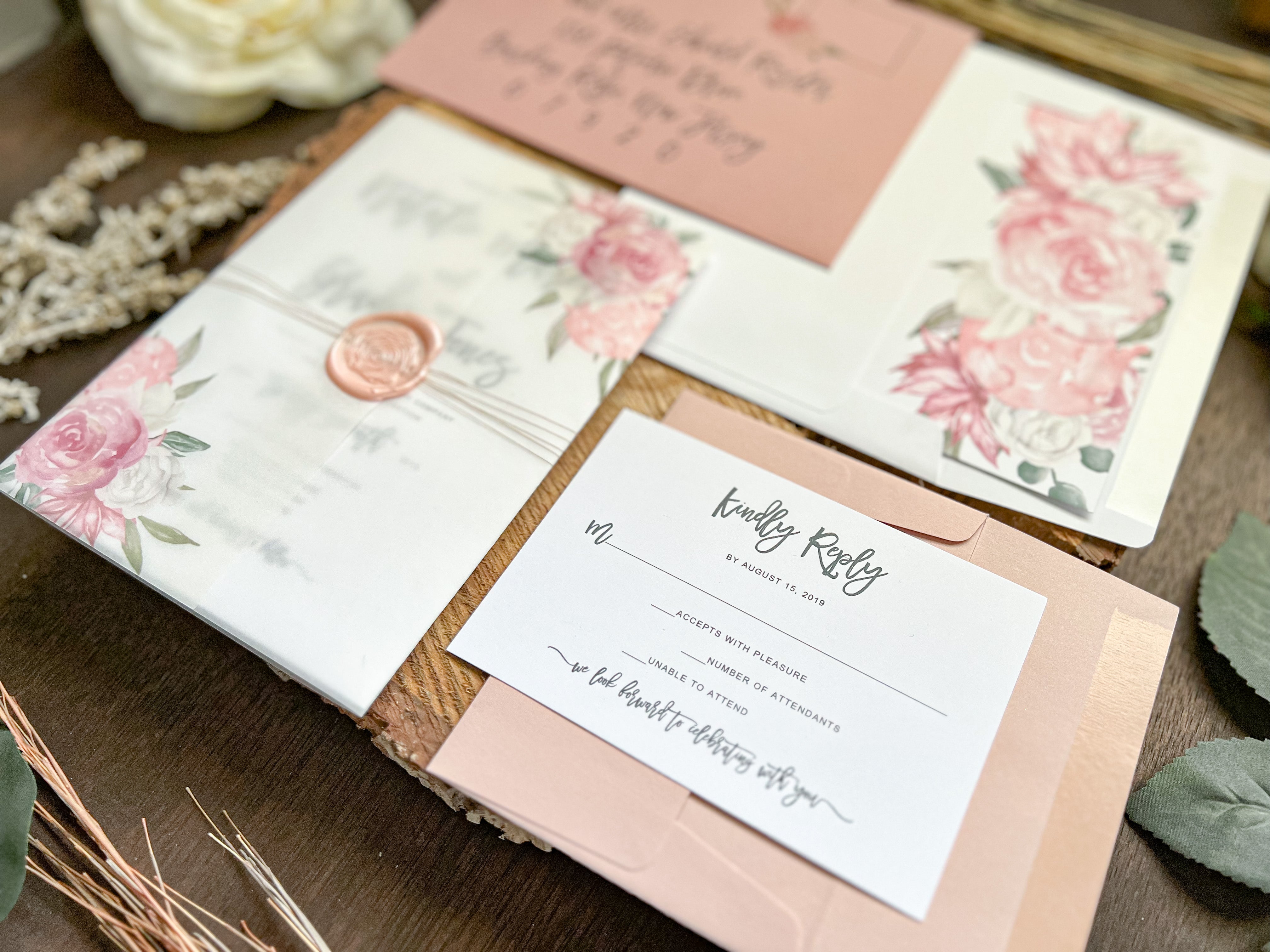 Dusty Rose Wedding Invitation with Vellum and Wax Seal