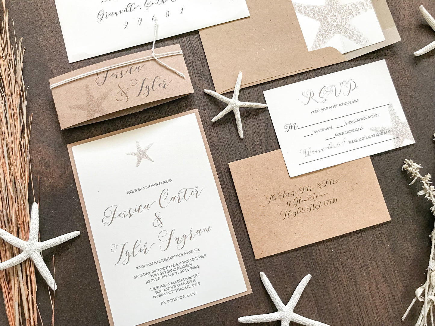 Rustic Beach Wedding Invitation with Personalized Kraft Bellyband and White Cord