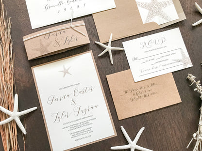 Rustic Beach Wedding Invitation with Personalized Kraft Bellyband and White Cord