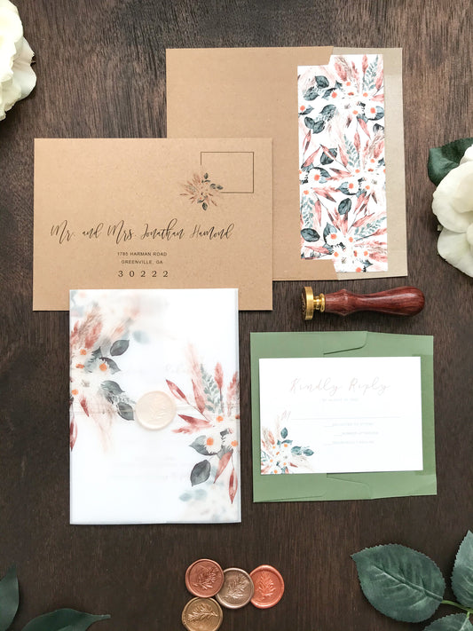 Boho Vellum Wedding Invitation with Wax Seal, Pampas Grass and Copper Foliage
