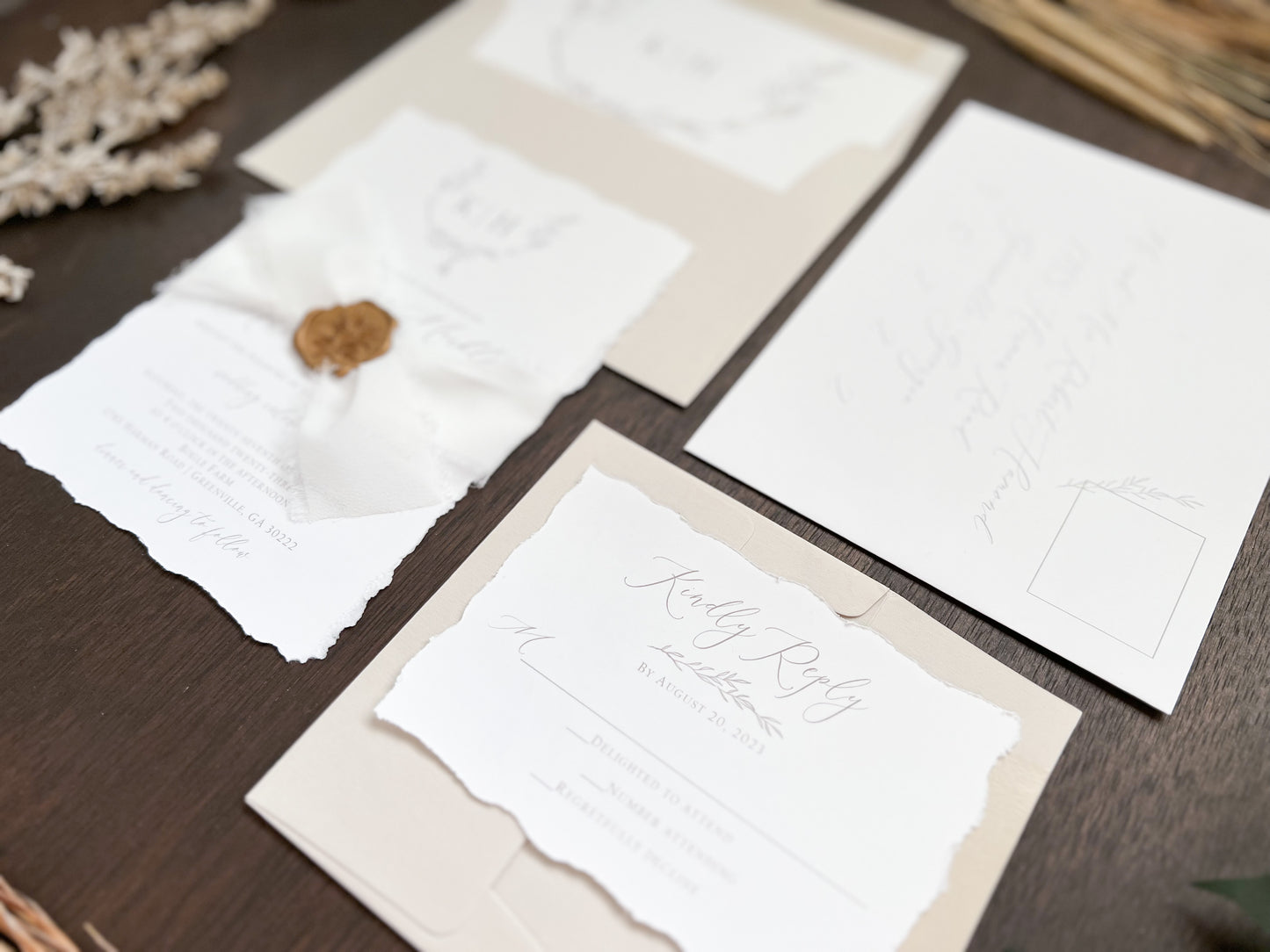 Modern Elegant Wedding Invitation with Deckled Edging, White Chiffon Ribbon & Antique Gold Botanical Wax Seal with Laurel Wreath & Monogram