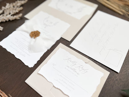 Modern Elegant Wedding Invitation with Deckled Edging, White Chiffon Ribbon & Antique Gold Botanical Wax Seal with Laurel Wreath & Monogram