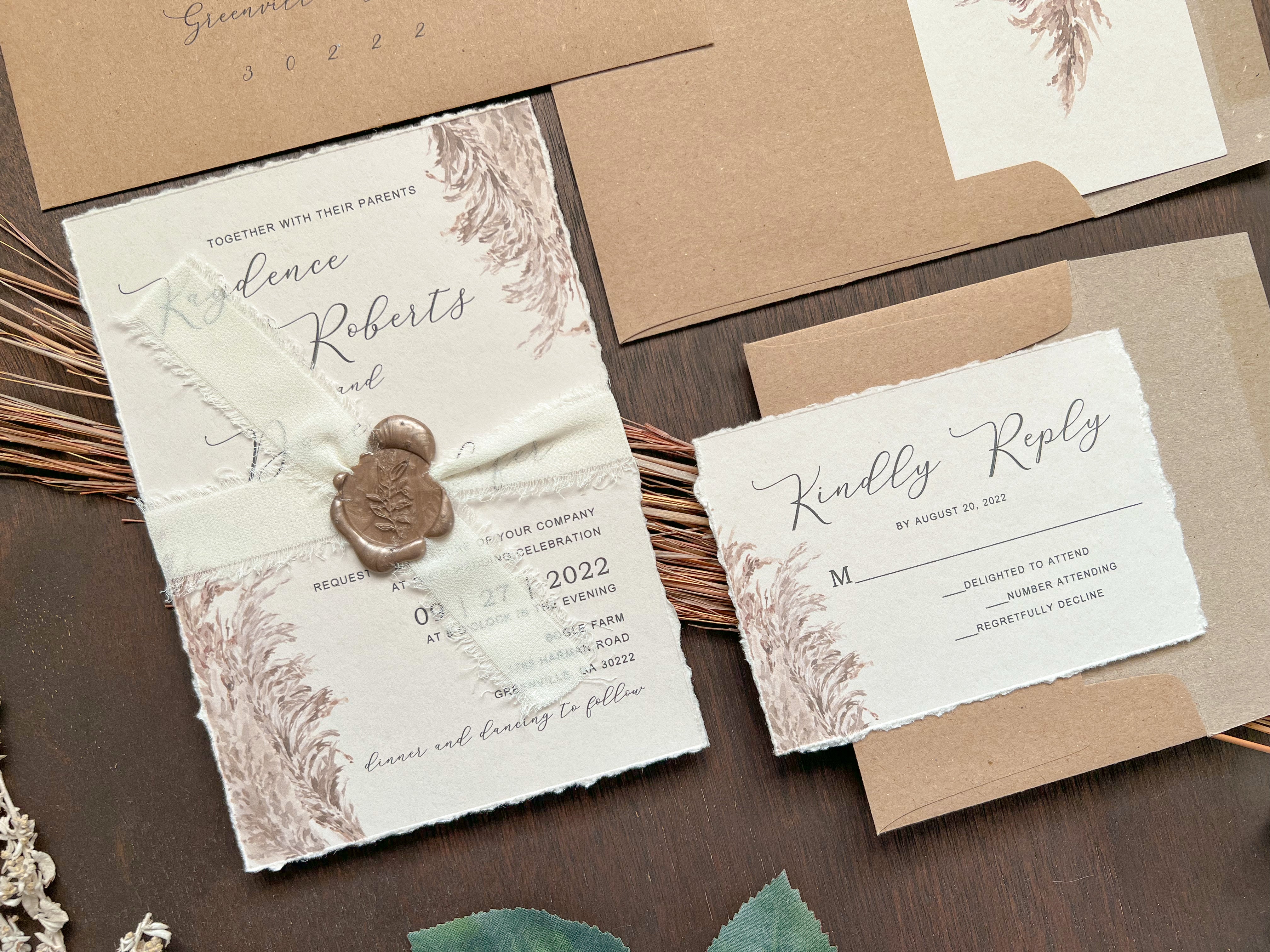 Rustic Pampas Grass Wedding Invitation with Deckled Edge, Chiffon Silk Ribbon and Wax Seal