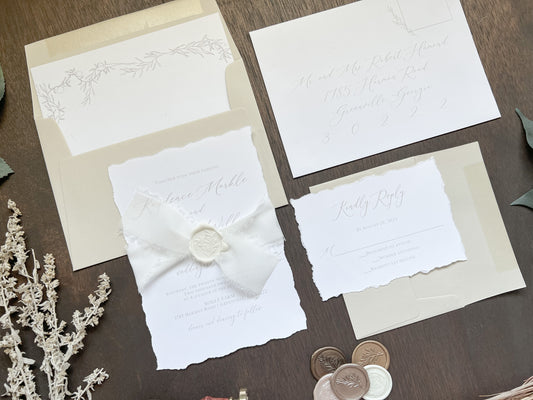 Classic Elegant Wedding Invitation with Deckled Edging, White Chiffon Ribbon & White Botanical Wax Seal
