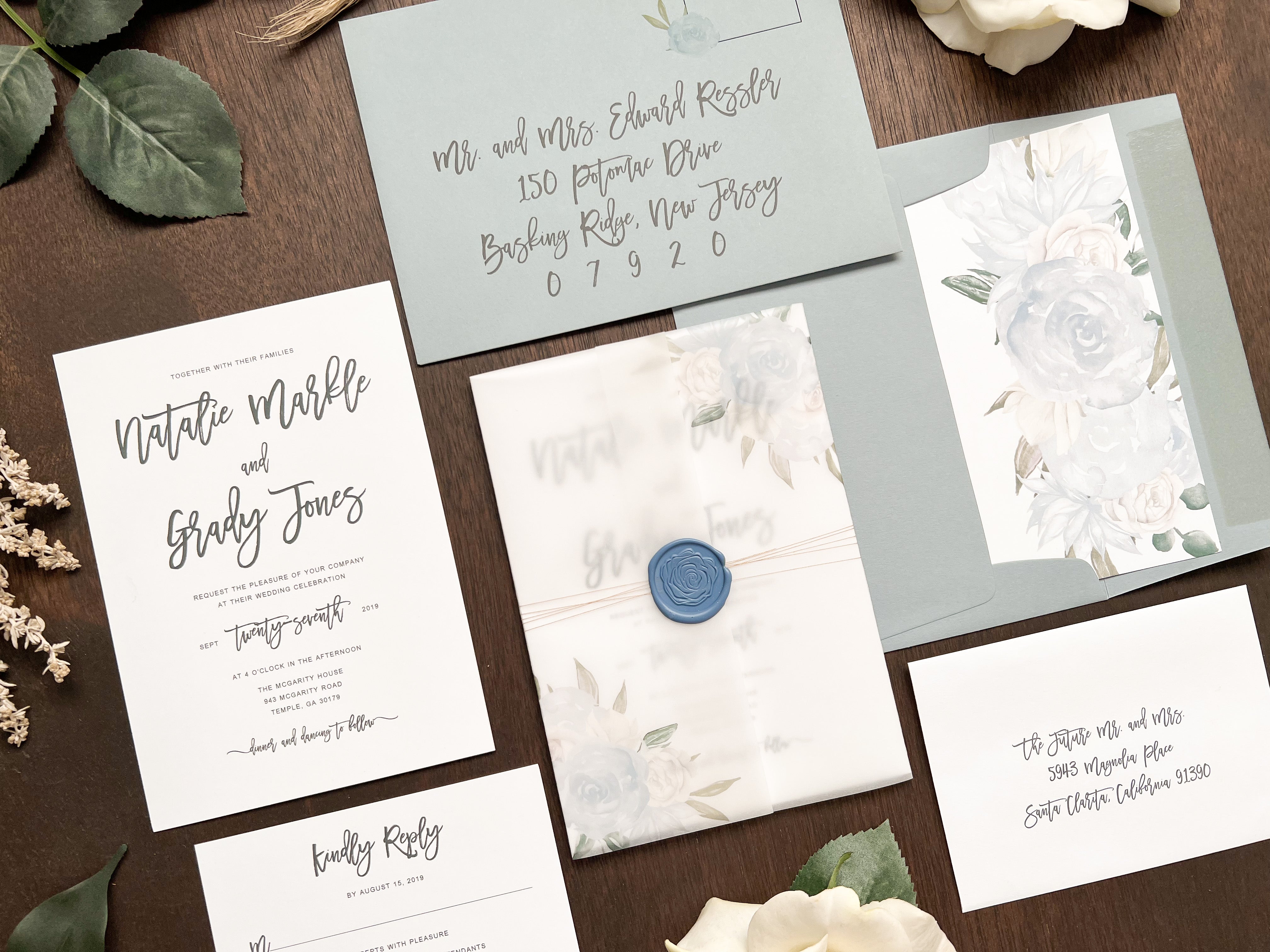 Dusty Blue Wedding Invitation with Vellum and Wax Seal