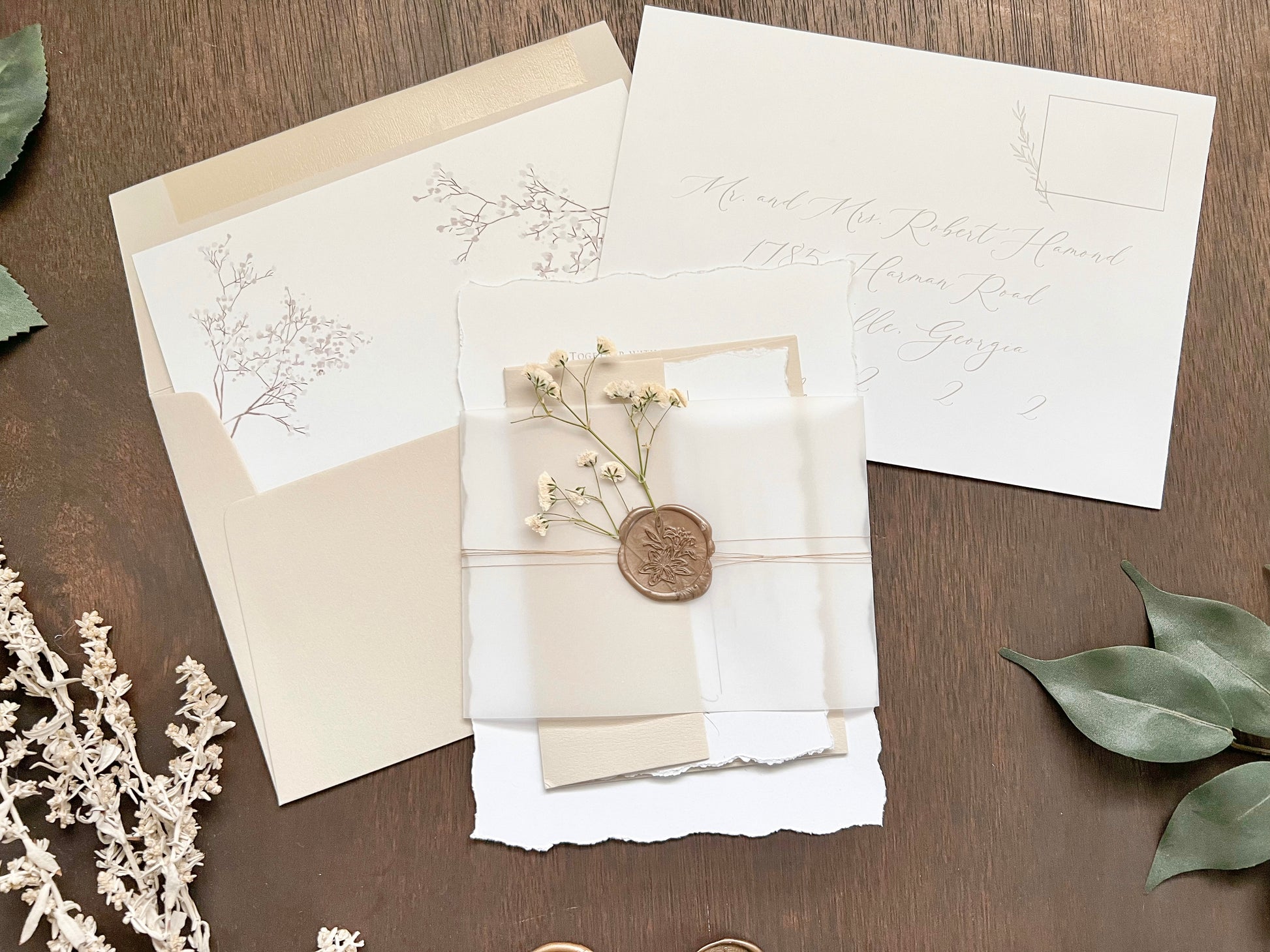 Elegant Wedding Invitation with Deckled Edging, Vellum Belly Band, Dried Baby’s Breath and Wax Seal