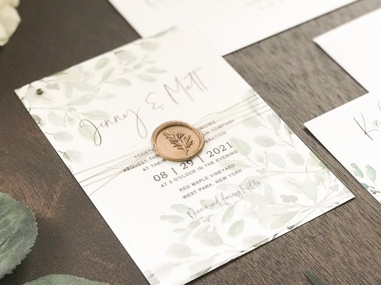 Greenery Vellum Wedding Invitation with Wax Seal wrap