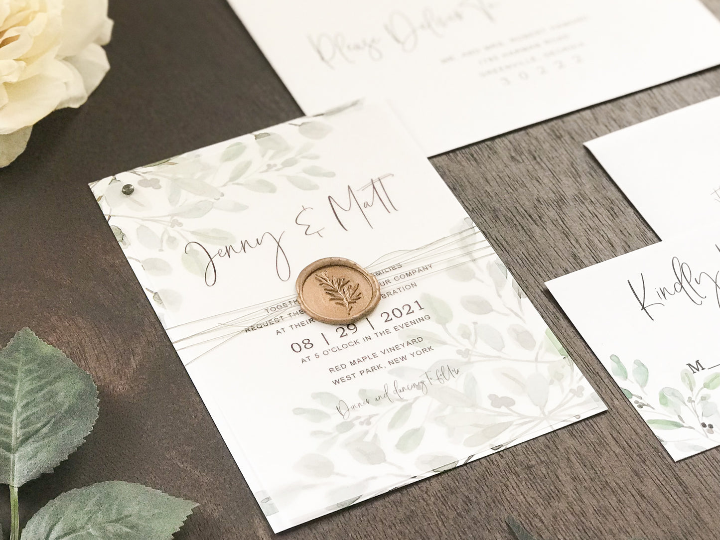 Greenery Vellum Wedding Invitation with Wax Seal wrap