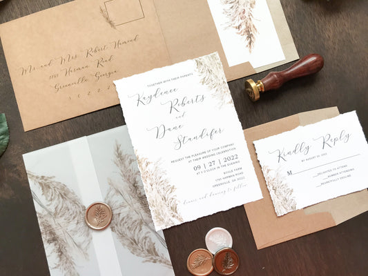 Deckled Edge Boho Vellum Wedding Invitation with Wax Seal and Pampas Grass