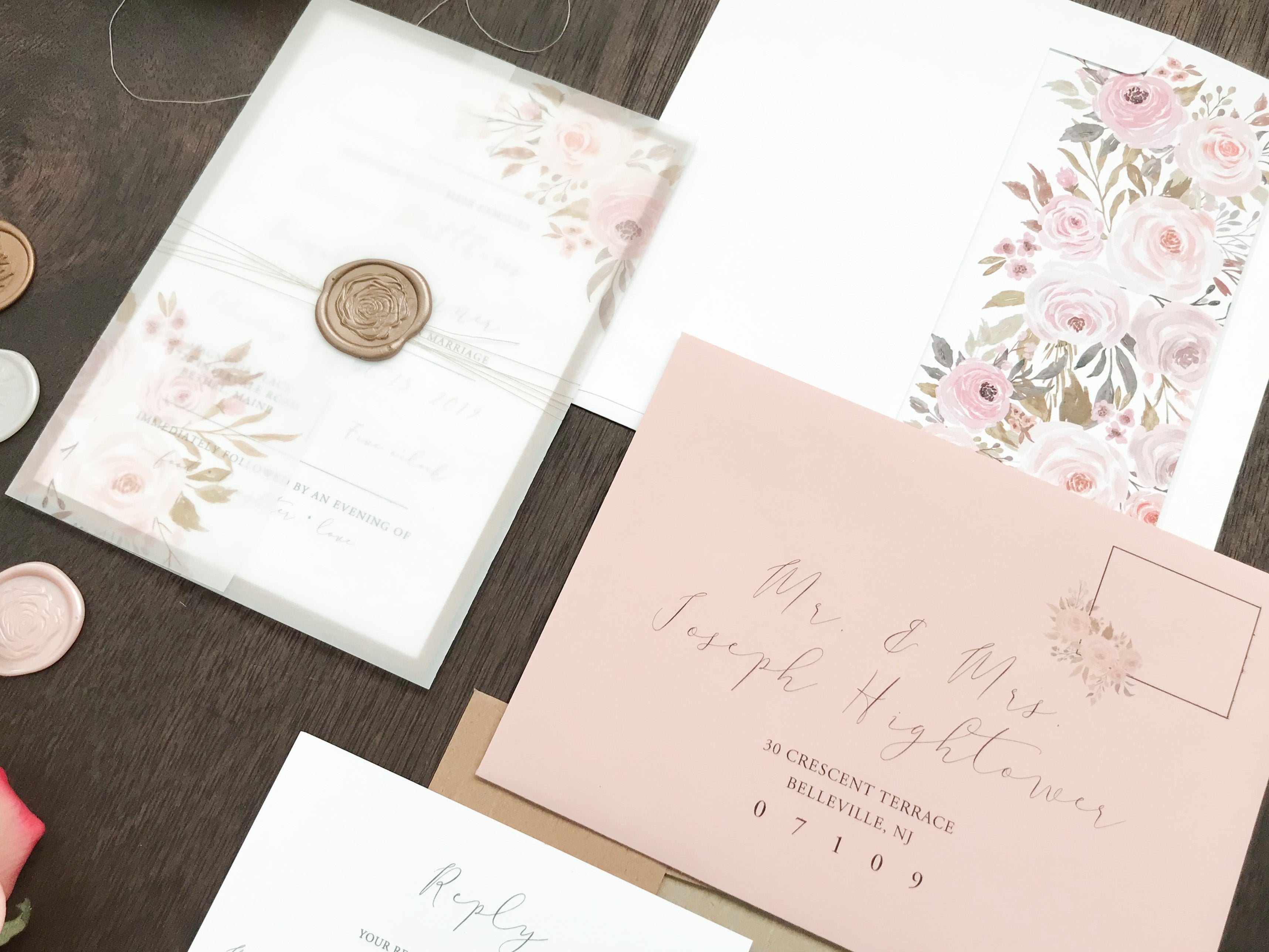 romantic pink floral bloom vellum pocket with wax seal sticker wedding  invitation SWPI116