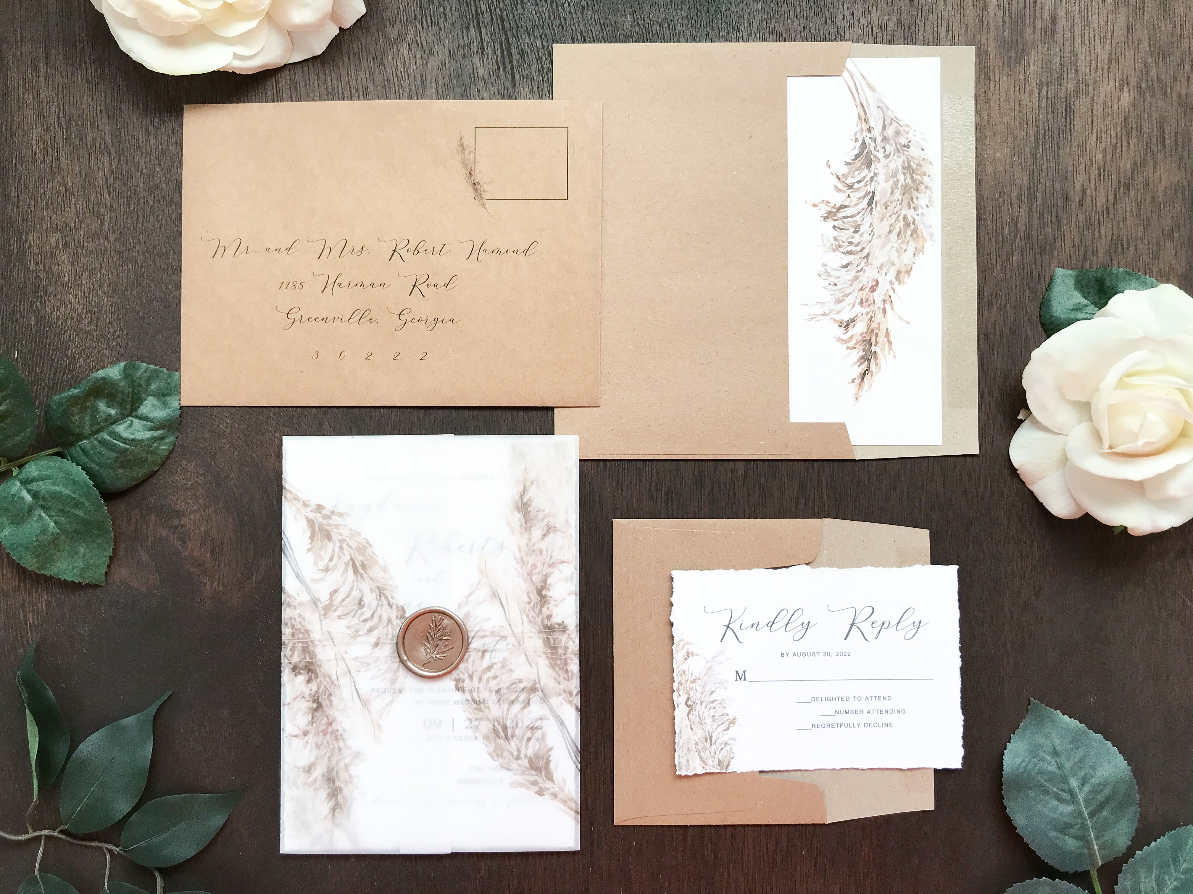 Deckled Edge Boho Vellum Wedding Invitation with Wax Seal and Pampas Grass