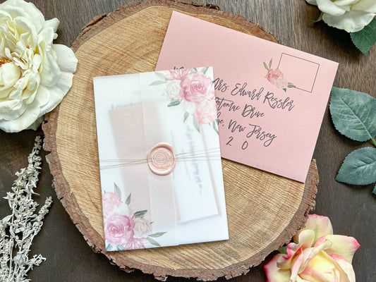 Dusty Rose Wedding Invitation with Vellum and Wax Seal
