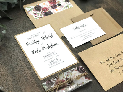 Marsala Burgundy Floral Wedding Invitation with vellum belly band and twine